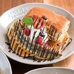 Special tiramisu Pancakes with plenty of chocolate sauce