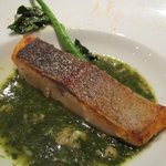 レストラン ビオス - ３年物地元ニジマスのミ・キュイ　モロヘイヤ・ヒラタケ・アサリのナージュ