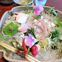 飴源 - 鮎の瀬越し、刺身と京野菜、摘草など。