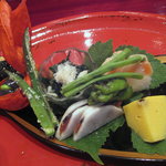 草喰 なかひがし - 8月八寸【蕪のへしこ挟み、ささげ、ホオズキの中に茄子の枝豆射込他】