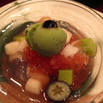草喰 なかひがし - 8月バジルと豆腐アイス、まくわ瓜、井戸水のジュレ、真珠豆、トマトのソルベ