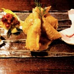 Aka-Mu Shinowa - 前菜三種盛り(マッシュナス、エビと里芋の湯葉揚げ、自家製ロースハム