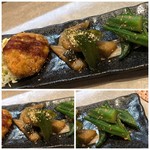 小料理 むらかみ - ◆私は「かぼちゃコロッケ」「茄子とピーマンの煮物」「オクラの胡麻和え」 どれも優しい味わいですけれど、カボチャコロッケが好みでした。