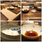 日本橋 蕎ノ字 - カウンター席には「大根おろし」や「天つゆ」が用意されています。