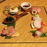 KINKA sushi bar izakaya - 小鉢三種&刺身4種盛り