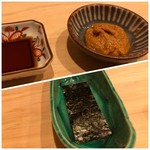 はらまさ - ＊こちらのお刺身は「鮟肝醤油」をのせ海苔で巻いて頂くという個性的なスタイルですが、これが美味しい。 前回同様、もっと鮟肝醤油を頂きたいくらいでした。