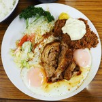 とんかつ八千代 - チャーシューエッグ定食 カキフライトッピング