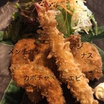 割烹 丸一 - メインのアップ、アジはわかりにくいですがエビとカボチャの枕になってます。