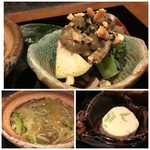 大どころ - ＊上：水茄子・ブロッコリー（朝倉）・オクラ(朝倉）のおぼ角ソース掛け。上にはスモークしたナッツがかけれていて美味しい。 ＊左下：そうめん瓜とゴーヤ、土佐酢のジュレかけ・・サッパリした味わいで、暑い日に最適。 *右下：ダダ茶豆のチーズよせ。ツマミにいいですね。