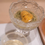 うを徳 - 海膽（うに）＋秋葵（おくら）＋酸桔仔（シークワーサ）、眞子鰈（まこがれひ）潮汁魚凍（うしほじるジュレ）