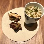 ル スプートニク - すっぽん茶碗蒸し、冬瓜スープと。すっぽんの胸肉と内臓、まつたけ、これが香ばしくて美味。