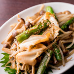 Grilled whelk, asparagus, and shimeji with butter and soy sauce