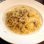 Homemade pancetta carbonara spaghetti lunch