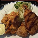 焼肉＆ダイニング まちゃけん家 - 日替わり定食の唐揚げとアジフライ　※拡大(2018.08.23)