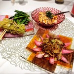 Chuugokuryouri Keirin - 枝豆の紹興酒漬け、甘辛キャベツロール、よだれ鶏、ハチノス香料煮。