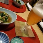 Kan No Ki - 最初のビールとホタテ出汁の茸とほうれん草、海老の