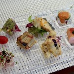 ビストロ ダイア - 夏の食材の前菜盛り合わせを７品（天然ぶり、サーモン、松茸、パテ、キッシュ、新生姜）