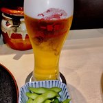 本陣 - 取り敢えず生ビールを！   だだちゃ豆も来た！