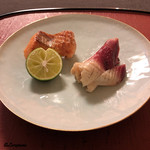 御料理 寺沢 - 鮭児と北寄貝の炙り