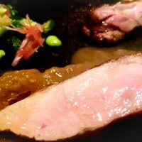 ラ・ボンヌターブル - 石黒牧場 ホロホロ鳥のロースト、焼き茄子、胡瓜、梅、紫蘇、野生の胡椒