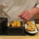 照寿司 - 海胆のケース、飛幡焼に家紋