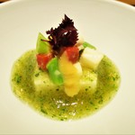 おおたに - 先付：帆立貝柱のムース 緑酢ジュレ。　　　　　2018.08.24