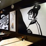 江戸幸 - 店内の様子です。 入口のカウンター席からテーブル席を撮っています。 壁がインパクトがありますよね。 これは、１回見たら忘れませんよ。 左側魚は、ハタハタのようですよ。 こんな壁を見たのは初めてです。