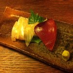 竹亭にしき - ランチの前菜お造り3種盛り