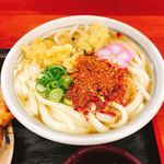 麺処 綿谷 - ひやかけうどん（小）です。2種類の唐辛子をたっぷりかけました。（2018.8 byジプシーくん）