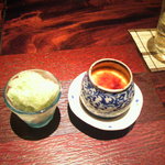 賛否両論 - この日のデザート（大葉シャーベット・とり将プリン）