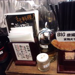 博多 元蔵 - 卓上には唐辛子のペースト、コショウ、酢が置いてあります。