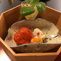 東京 芝 とうふ屋うかい - 鮑と金糸瓜・ほおずき山桃・鱧寿司・海老からすみ