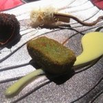 ルチアーノショー - しいたけのリゾットブリットとうもろこしのムースカダイフ巻き＆カカオのグリシーニカマンベールのフリット