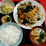 金龍 - きくらげと肉炒め定食　８５０円(税込)　炒め物はきくらげ、タマネギ、卵、キャベツ、豚肉。汁は味噌汁。