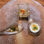 中華たかせ - カブのピューレ、焼きナスとスッポン、夏野菜のジュレ