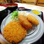 Sakae Shokudou - ミックスフライのUP。左からミンチカツ、コロッケ、白身魚フライ。
