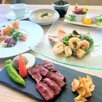 Teppan Dining Yoshida - ランチコースは前日までの御予約です。黒毛和牛サーロインステーキがメインの、海鮮料理付き全８品。¥3000(税別)