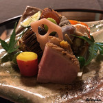 御料理 寺沢 - 鴨ﾛｰｽ､丸十檸檬煮､螺貝旨煮､蓮根紅芋酢漬