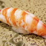 鮨匠 のむら - 握り⑤車海老(才巻海老) (鹿児島県出水産)
      産卵期は初夏～初秋、旬は初夏～初秋。
      アツアツの茹で海老、車海老らしい濃厚な味を温かい茹で立てと温かいシャリで握って下さいます