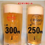 Haibi - オリオン生ビール、19時までにご来店のお客様は中ジョッキ300円、小ジョキ250円でご提供いたします。