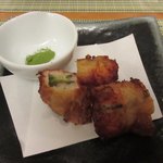 くつろぎの宿 てつ家 - [3日目夕食揚物]しかく豆と海老すり身の包み揚げ