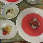 くつろぎの宿 てつ家 - [4日目夕食前菜]そでいかの黄身和え削りからすみかけ(左下)