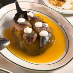 Tapas24 - ナスとアンチョビ、人参のソース；茄子が柔らかく煮込まれいいバランスの味付