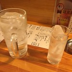 またたび堂 - 左が焼酎水割りメガ盛り、右が焼酎ロックメガ盛り