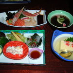 札幌 かに本家 - 本タラバかに豆腐、本タラバかにもずく、本タラバかにサラダ、造り盛り合せ