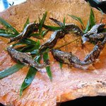 比良山荘 - 塩焼きはお皿も変えて３回に分けて出てきます。