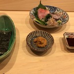 はらまさ - カマスと金目鯛をあん肝を掛け海苔でまいて