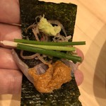 はらまさ - カマスと金目鯛をあん肝を掛け海苔でまいて