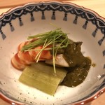 はらまさ - 茄子と鮑の肝ソースと車海老