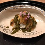 まき村 - ４時間蒸した黒鮑 根室馬糞雲丹 肝ソース